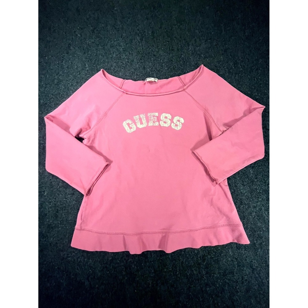 Guess Jeans Sweatshirt Womens Large Pink Y2K French Terry Lined Logo Boat Neck